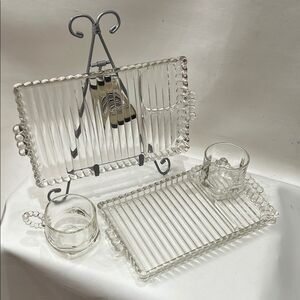 Hazel Atlas Ball & Rib Elegant Clear Glass Smoke Snack & Sip Tray 6 Oz Cup Set